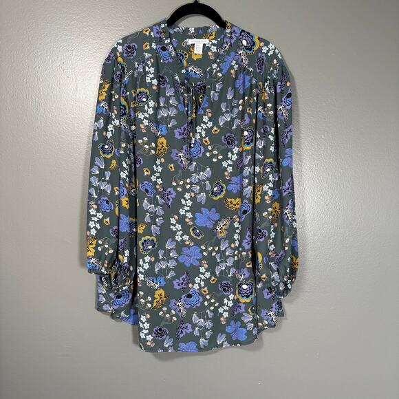 Carolina Belle Gray & Blue Floral Boho Peasant Top - Size 3X - Women's Plus Size - Picture 1 of 6